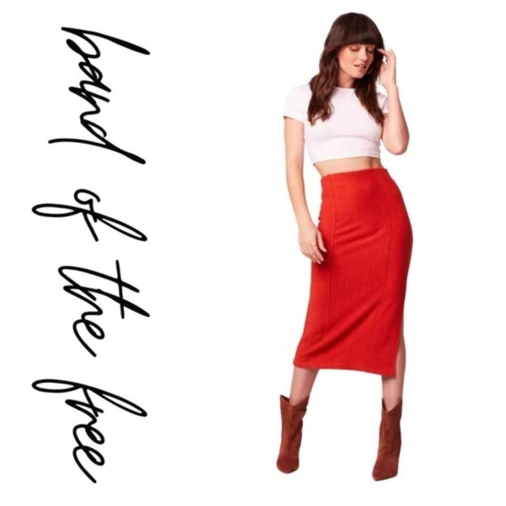 Band of the Free ~ Midi Skirt ~ Size XS ~ Rust Orange ~ Ribbed Knit/Side Slit